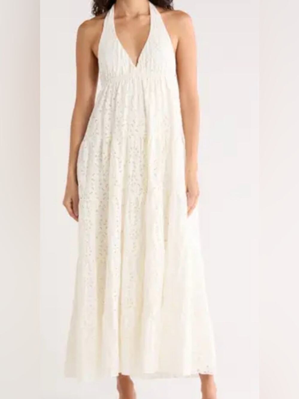 Desigual white floral eyelit maxi Tiered Knit Halter Dress size medium